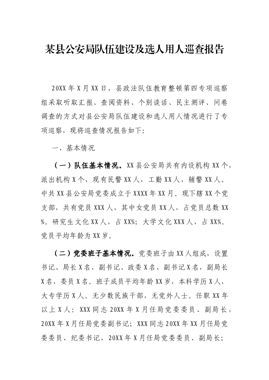 某县公安局队伍建设及选人用人巡查报告.docx,第1页预览