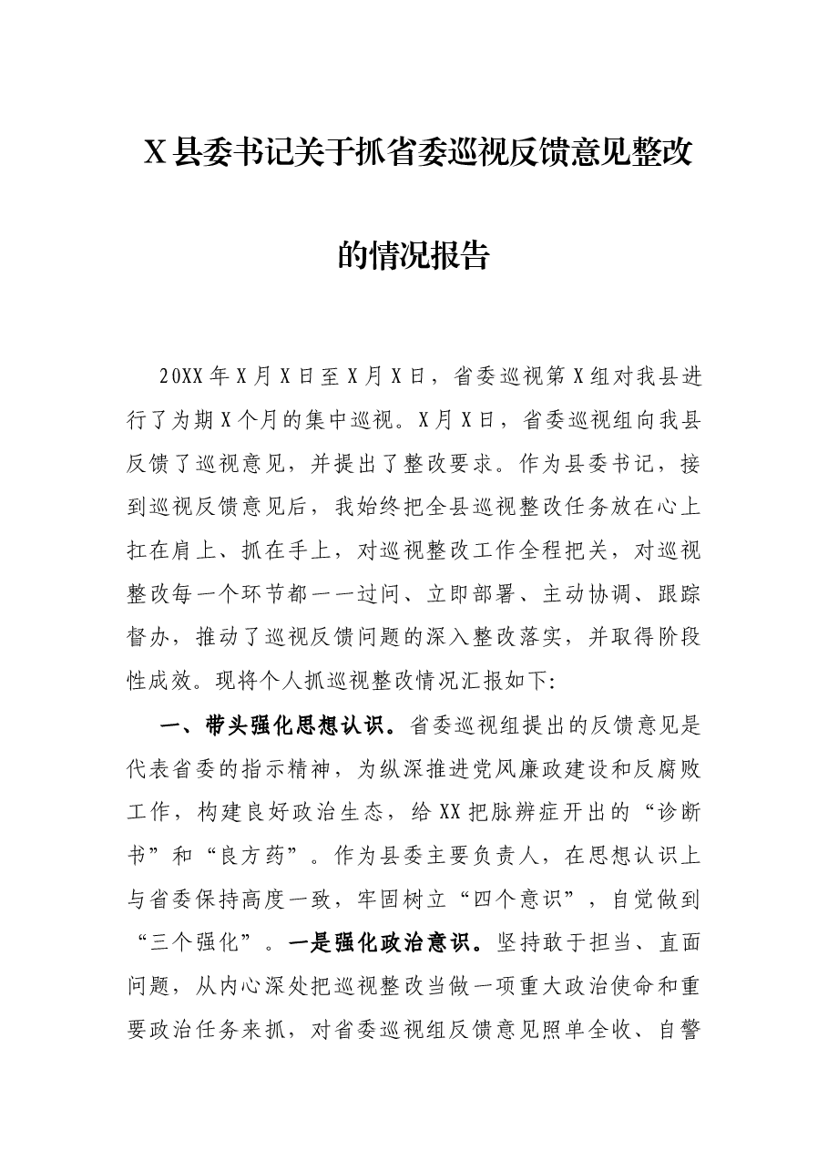X县委书记关于抓省委巡视反馈意见整改的情况报告.docx,第1页预览