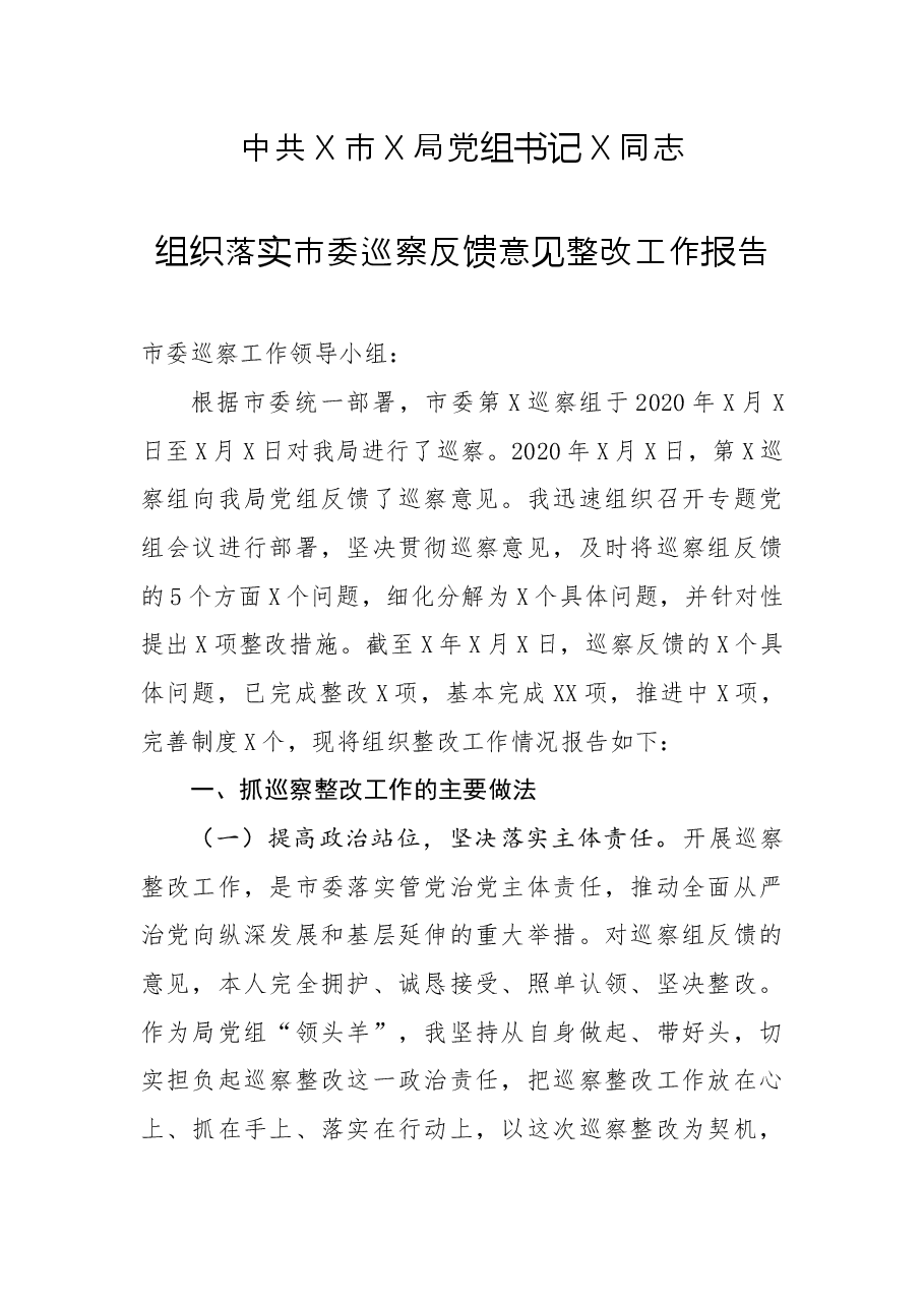 中共X市X局党组书记X同志组织落实市委巡察反馈意见整改工作报告.docx,第1页预览