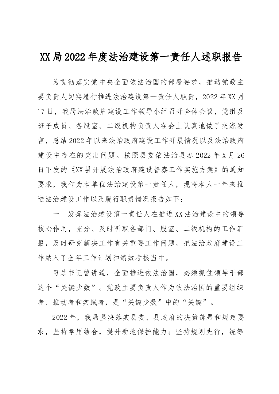 XX局2022年度法治建设第一责任人述职报告.docx,第1页预览