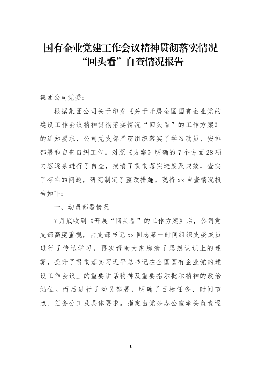 国有企业党建工作会议精神贯彻落实情况“回头看”自查情况报告.docx,第1页预览