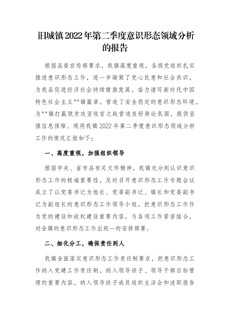 旧城镇2022年第二季度意识形态领域分析的报告.docx,第1页预览