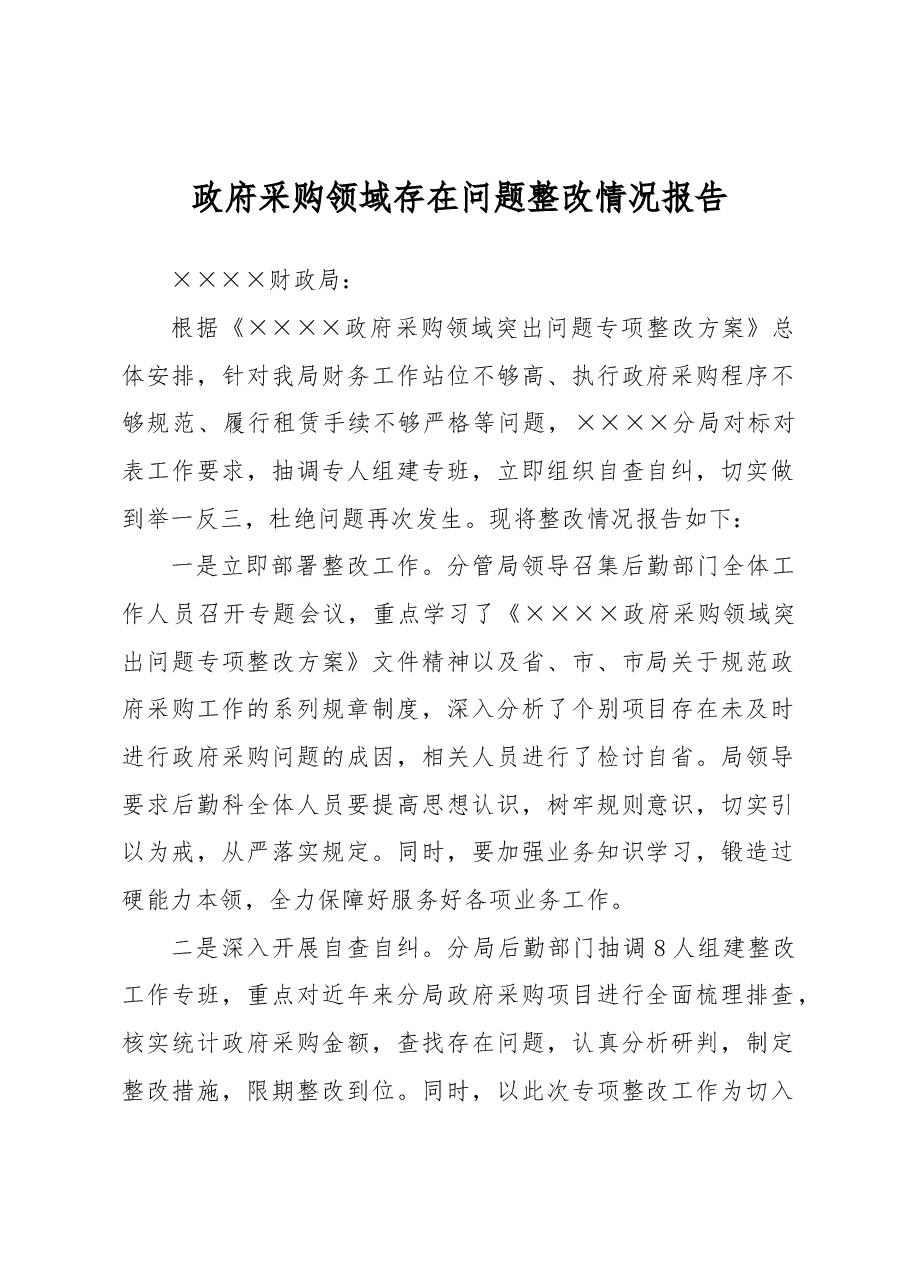 政府采购领域存在问题整改情况报告.docx,第1页预览