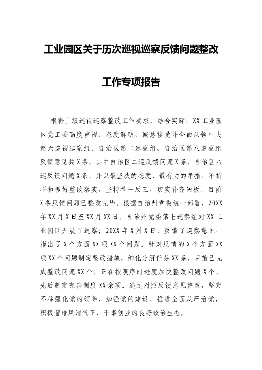 工业园区关于历次巡视巡察反馈问题整改工作专项报告.docx,第1页预览