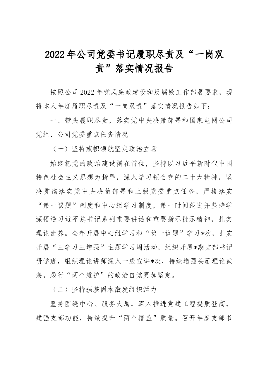 2022年公司党委书记履职尽责及“一岗双责”落实情况报告.docx,第1页预览
