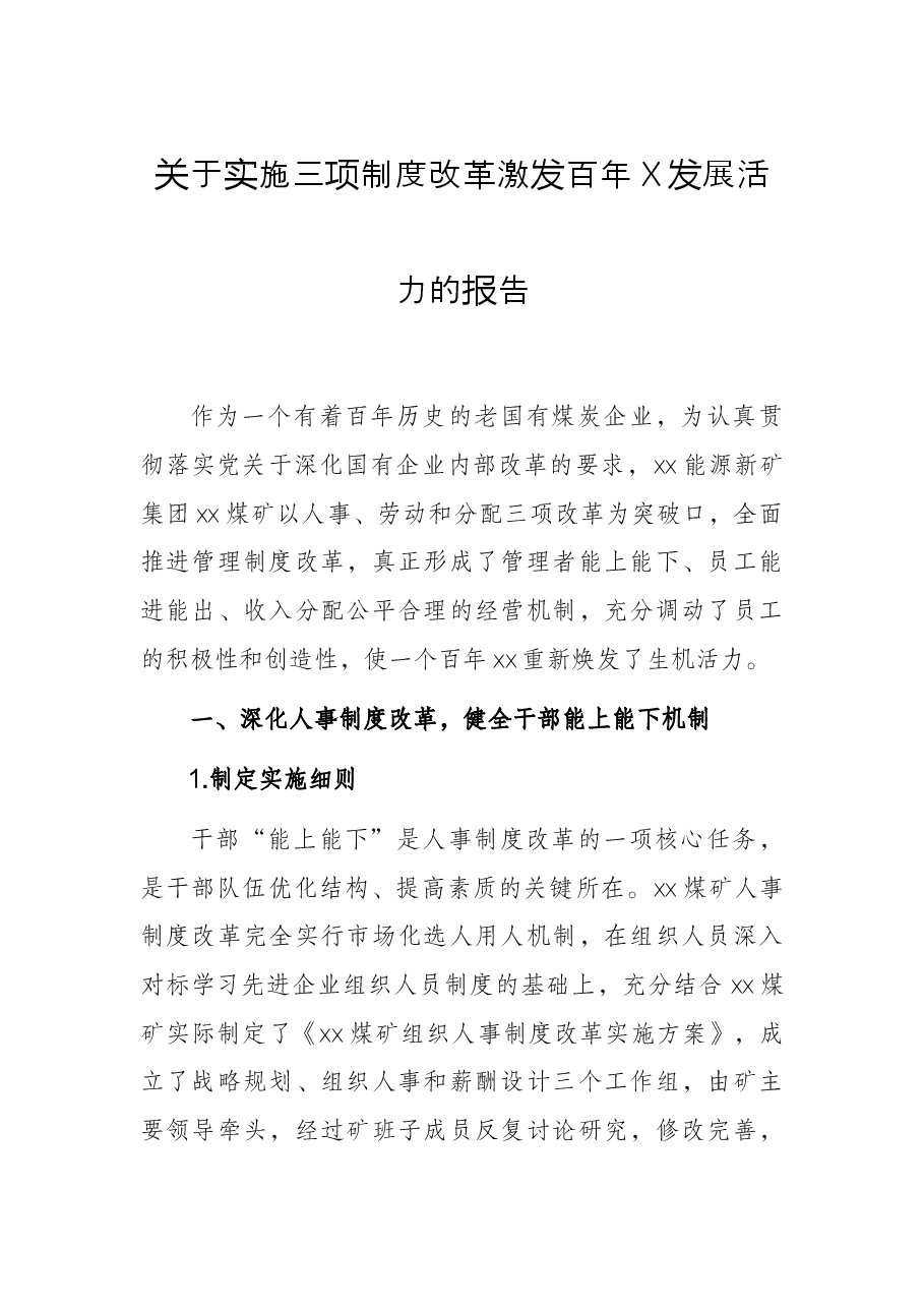 关于实施三项制度改革激发百年X发展活力的报告.docx,第1页预览