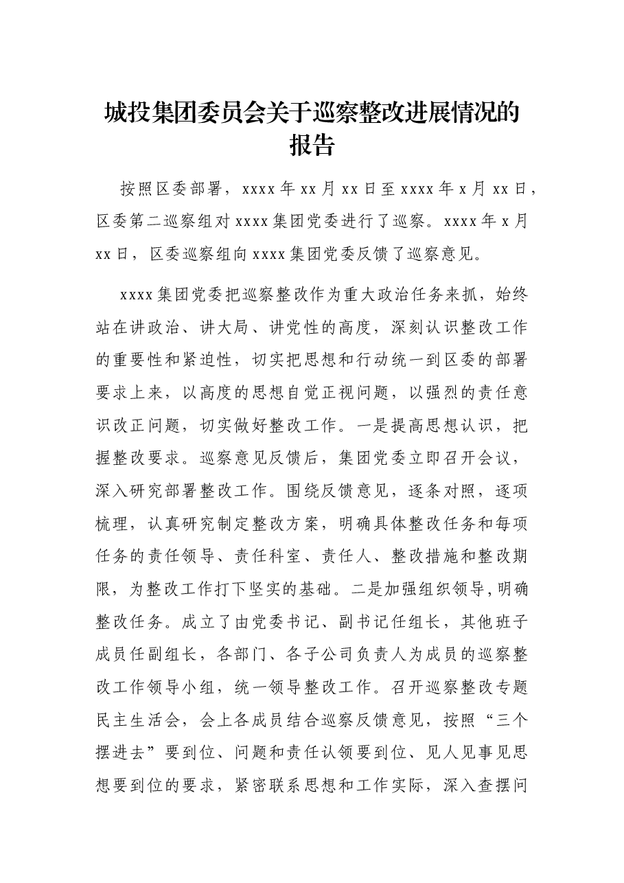 城投集团委员会关于巡察整改进展情况的报告.docx,第1页预览