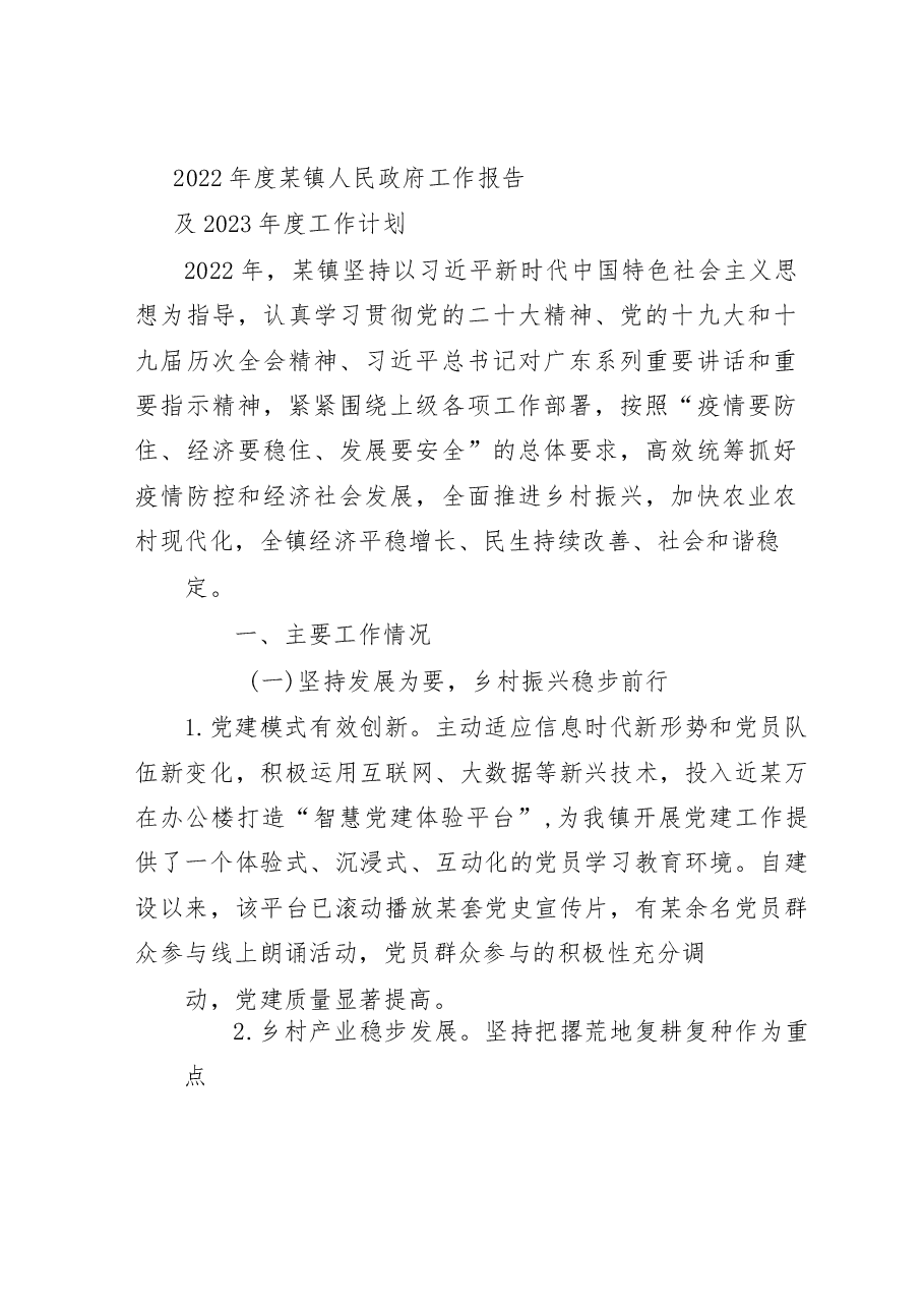2022年度某镇人民政府工作报告及2023年度工作计划.doc,第1页预览