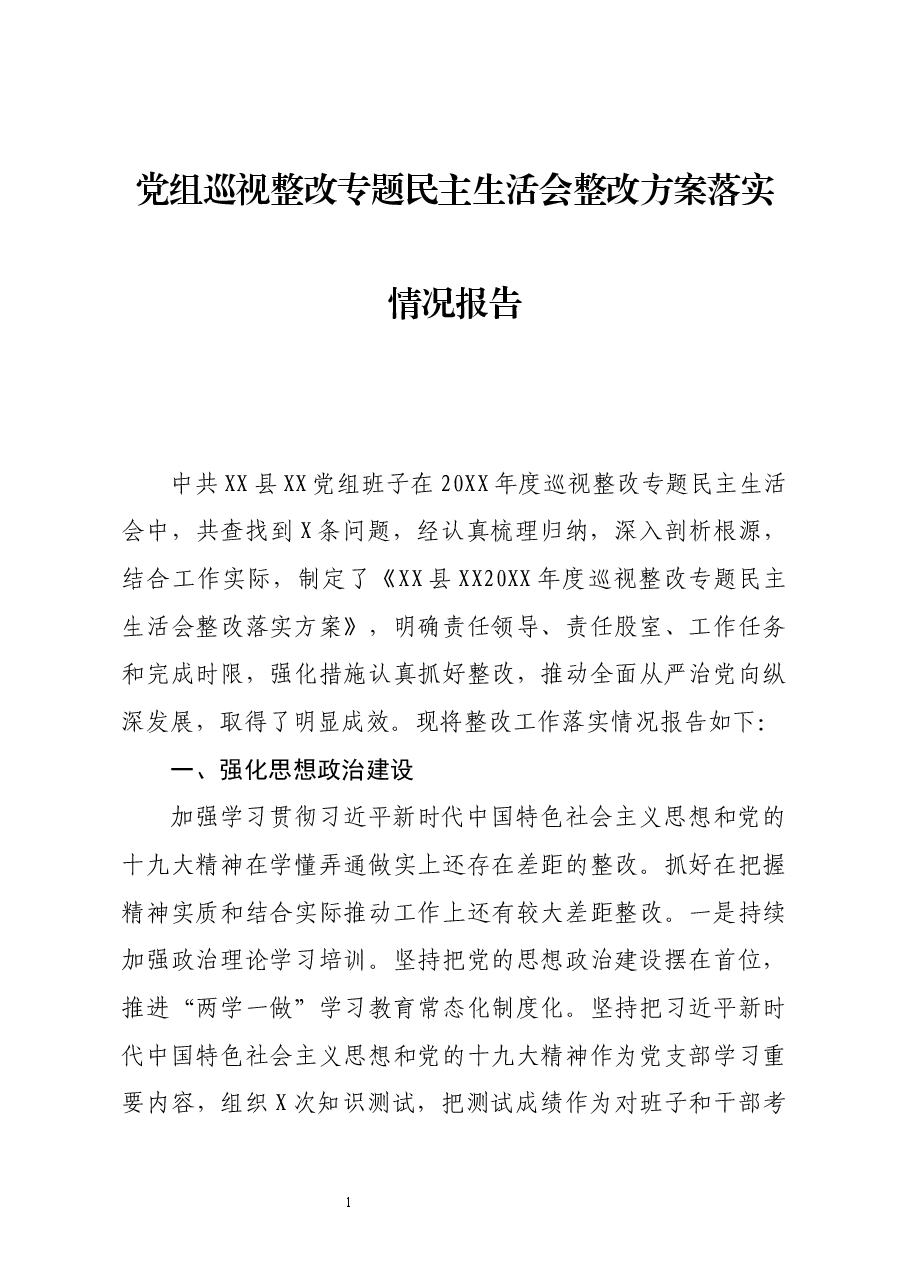 党组巡视整改专题民主生活会整改方案落实情况报告.docx,第1页预览
