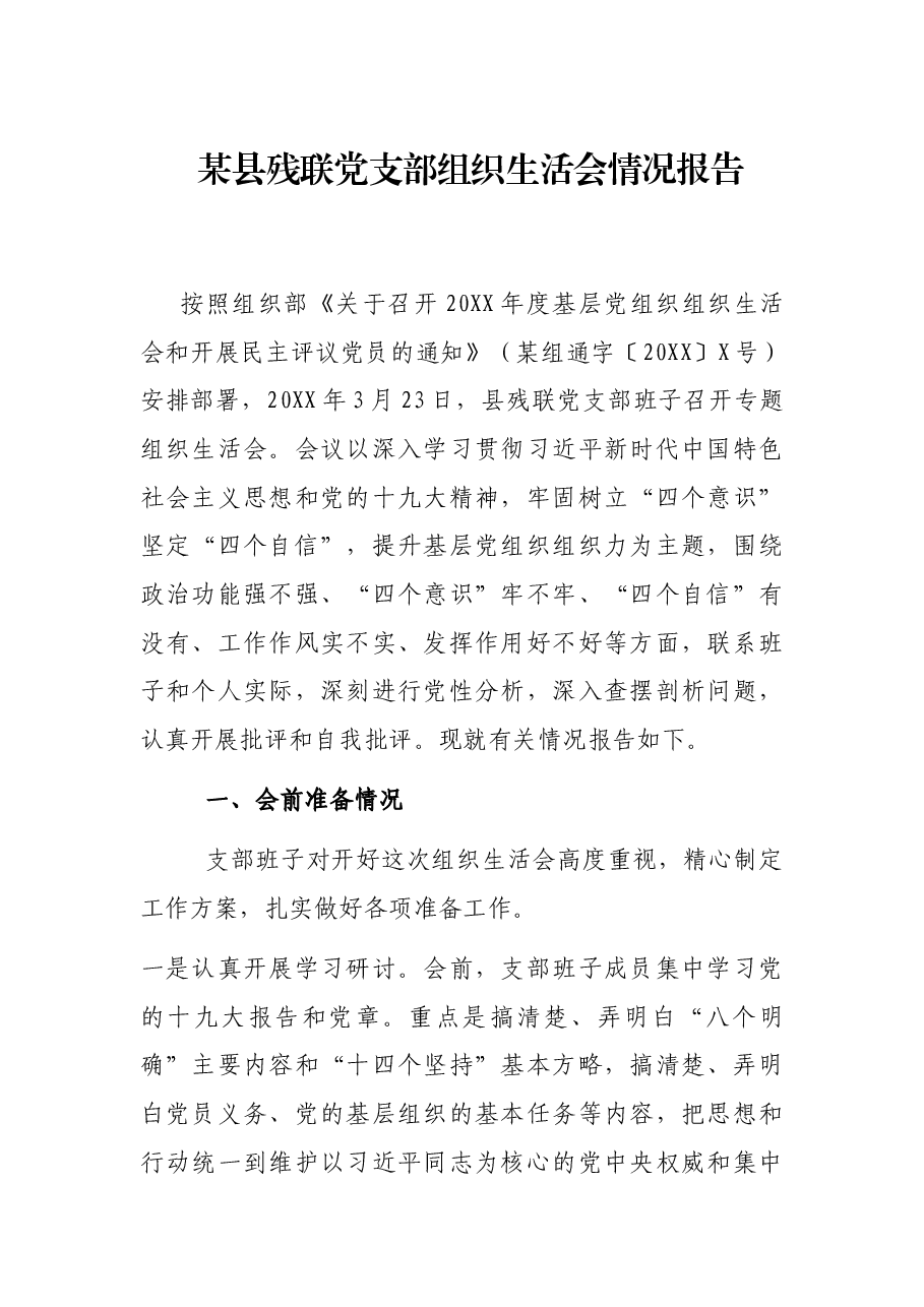 某县残联党支部组织生活会情况报告.docx,第1页预览