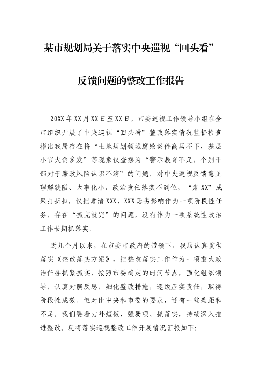 某市规划局关于落实中央巡视“回头看”反馈问题的整改工作报告.docx,第1页预览