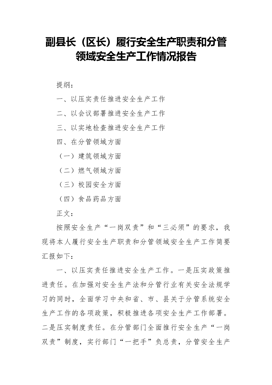 2021年副县长(区长)履行安全生产职责和分管领域安全生产工作情况报告.docx,第1页预览