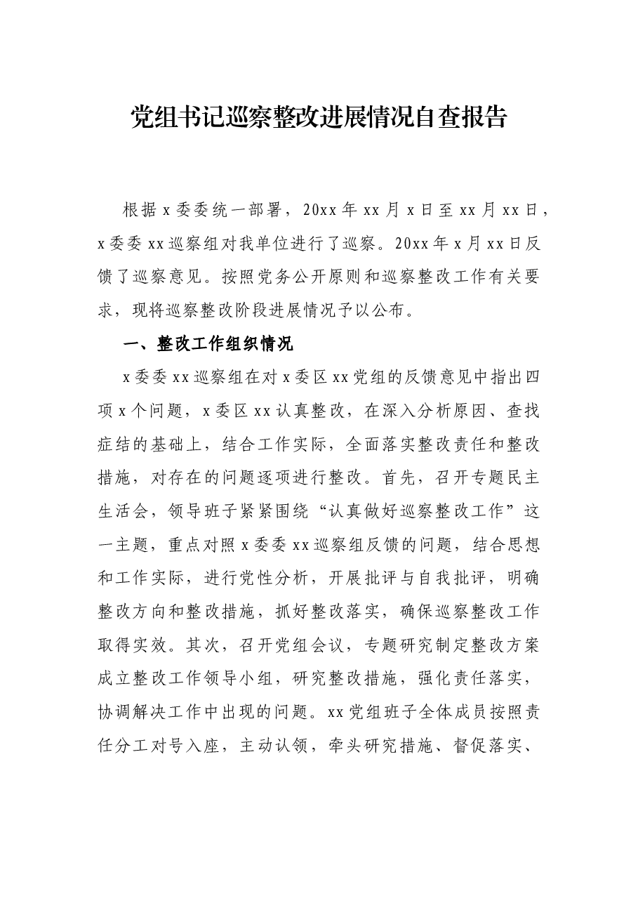 党组书记巡察整改进展情况自查报告.docx,第1页预览