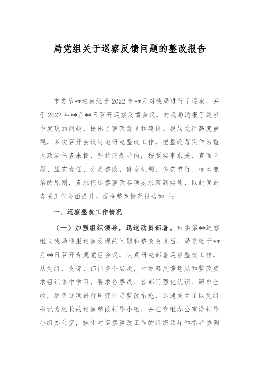 局党组关于巡察反馈问题的整改报告.docx,第1页预览