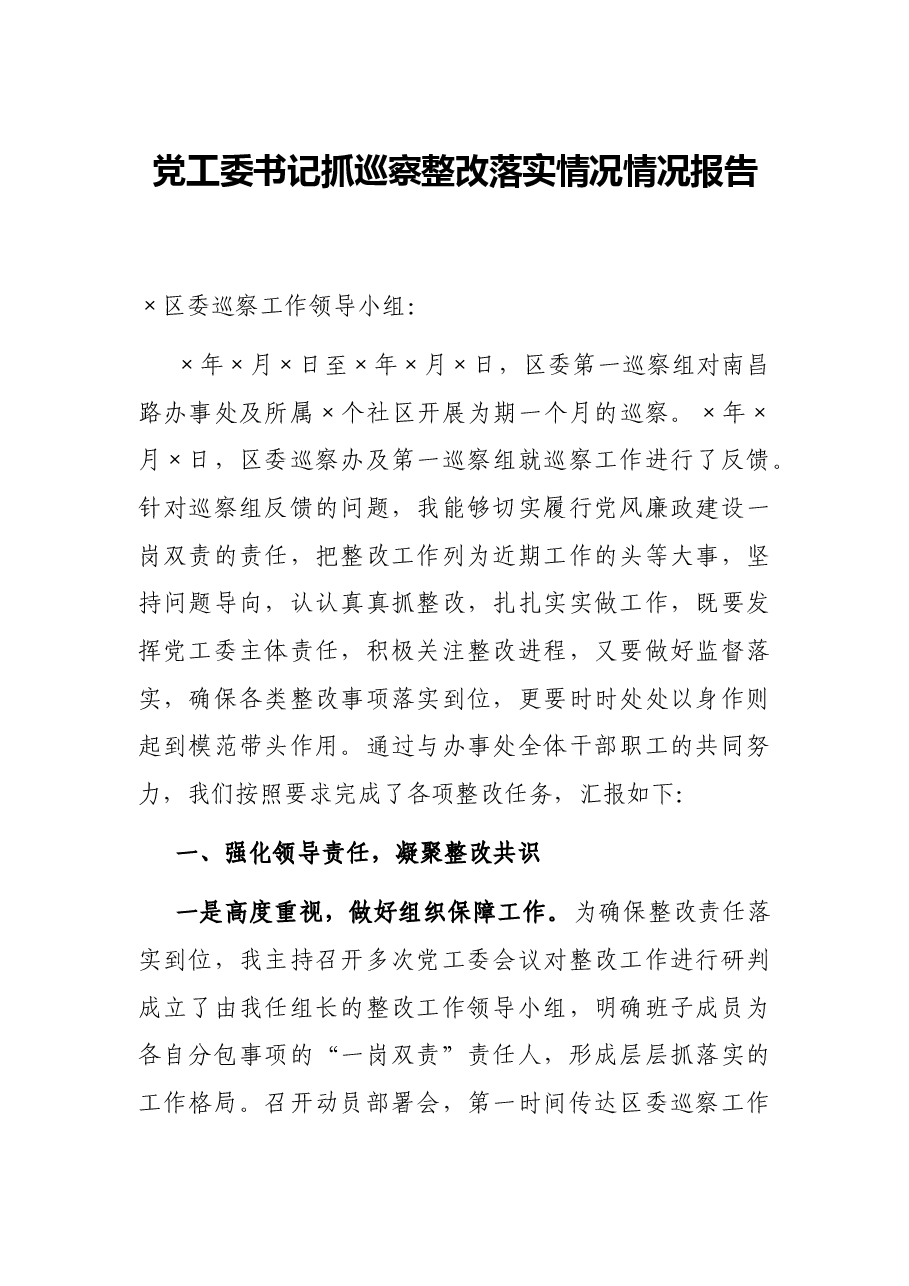 党工委书记抓巡察整改落实情况情况报告.docx,第1页预览