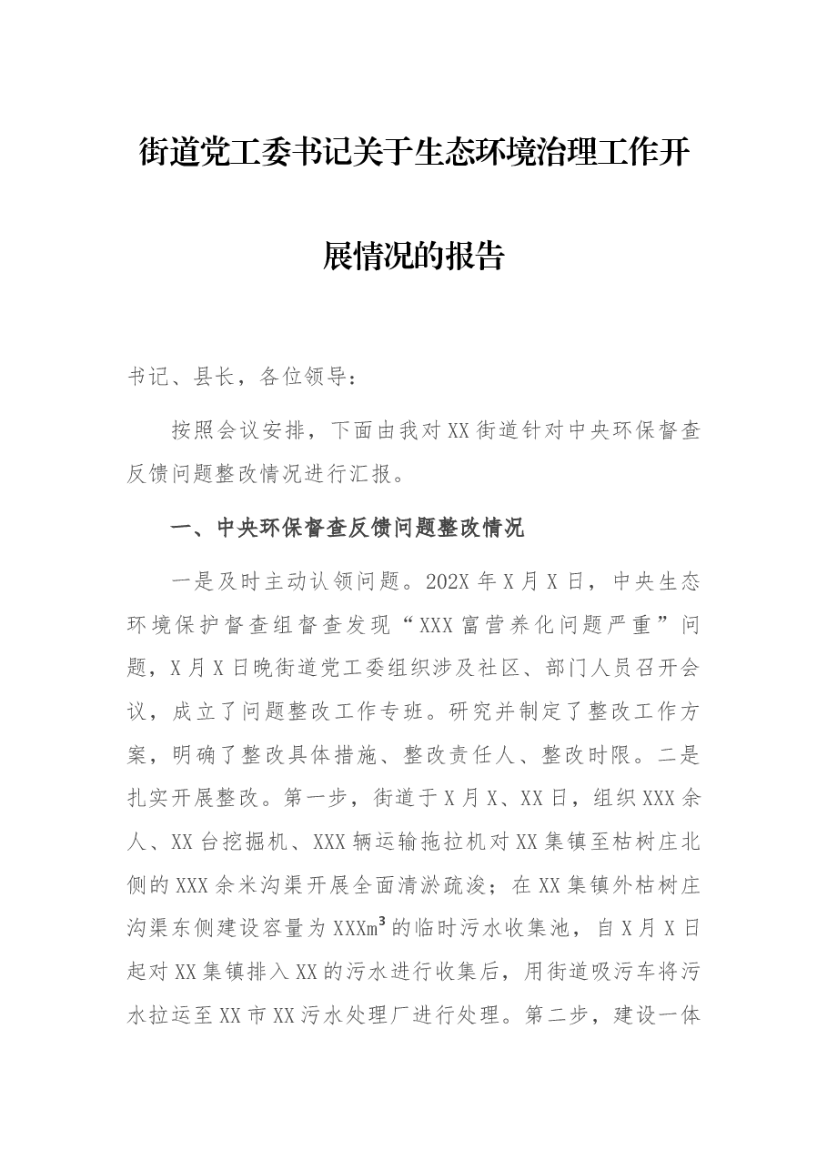 街道党工委书生态环境治理工作开展情况的报告.docx,第1页预览