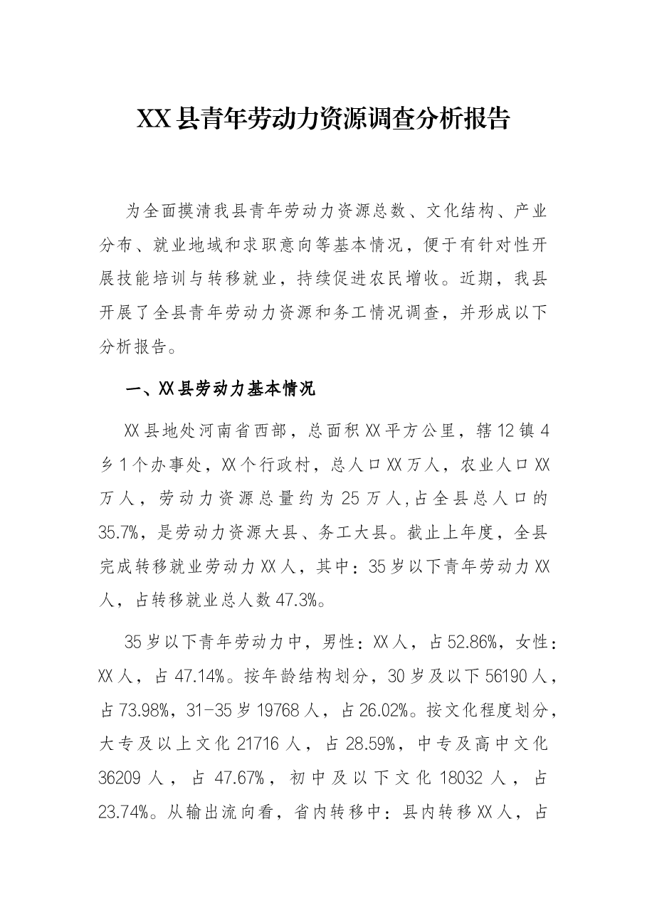 XX县青年劳动力资源调查分析报告.docx,第1页预览