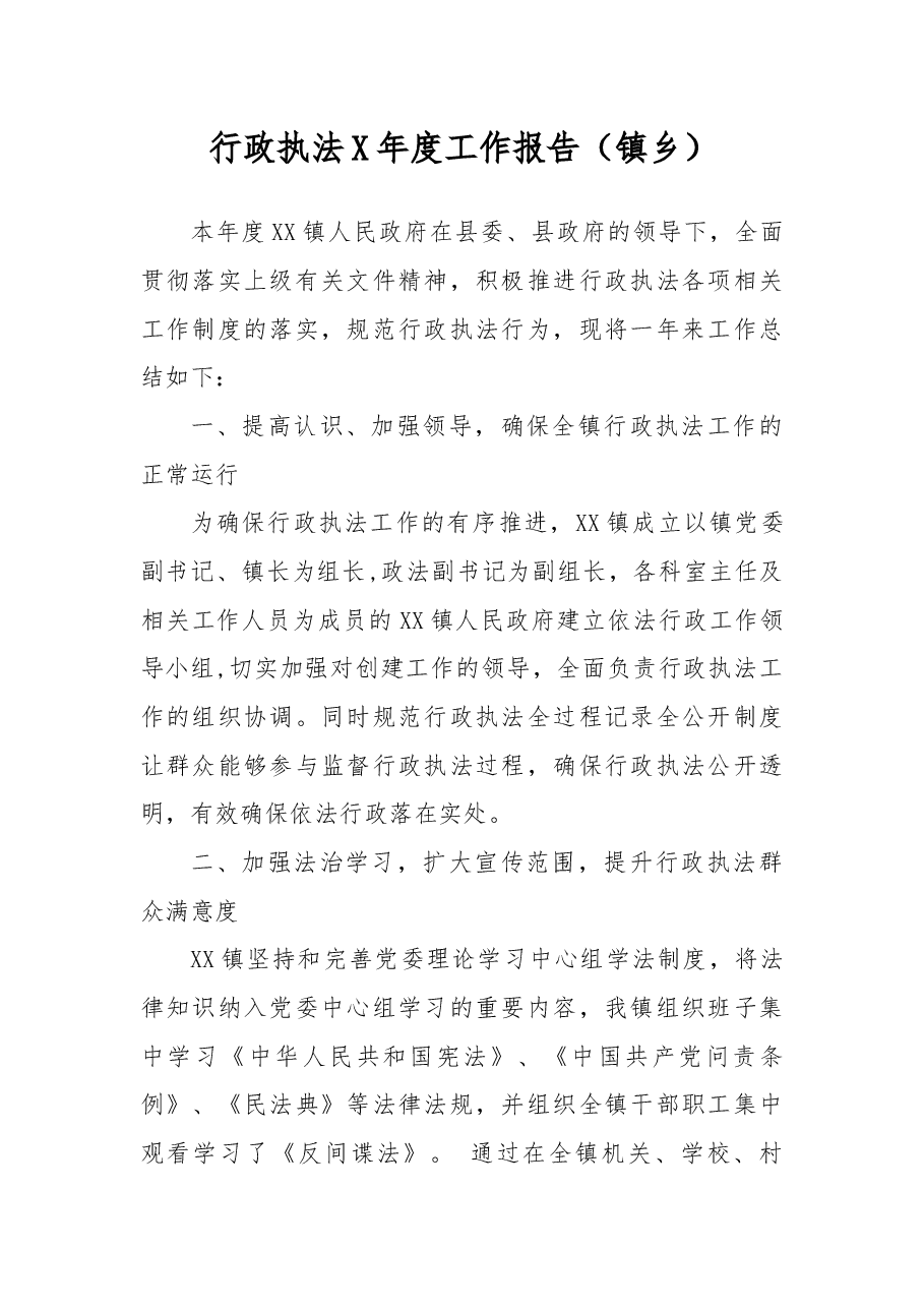 行政执法X年度工作报告(镇乡).docx,第1页预览