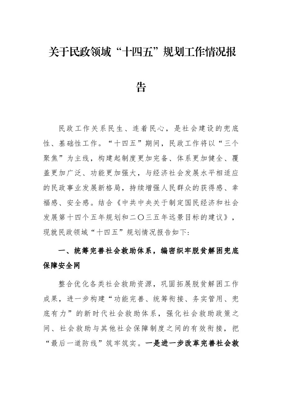 关于民政领域“十四五”规划工作情况报告.docx，第1页预览