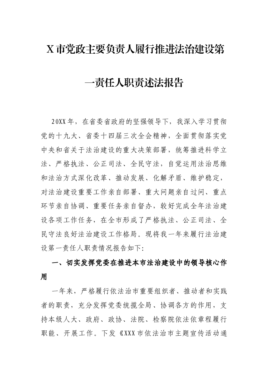 X市党政主要负责人履行推进法治建设第一责任人职责述法报告.docx,第1页预览
