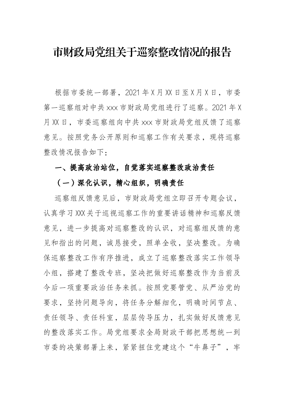 市财政局党组关于巡察整改情况的报告.docx,第1页预览
