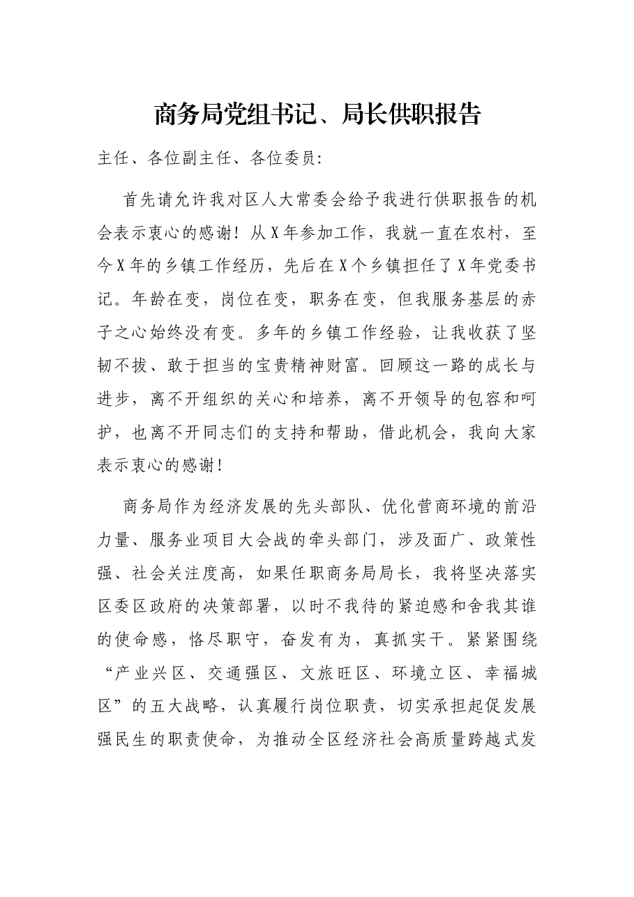 商务局党组书记、局长供职报告.docx,第1页预览