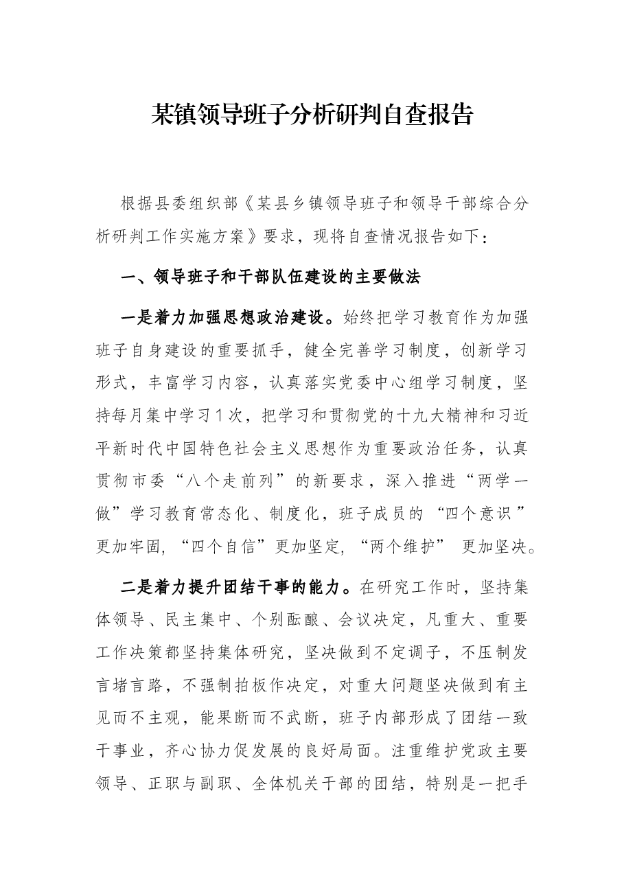 某镇领导班子分析研判自查报告.docx,第1页预览
