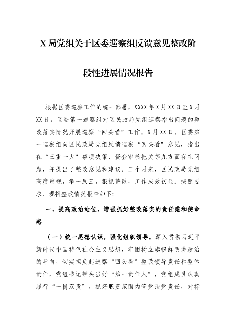 X局党组关于区委巡察组反馈意见整改阶段性进展情况报告.docx,第1页预览
