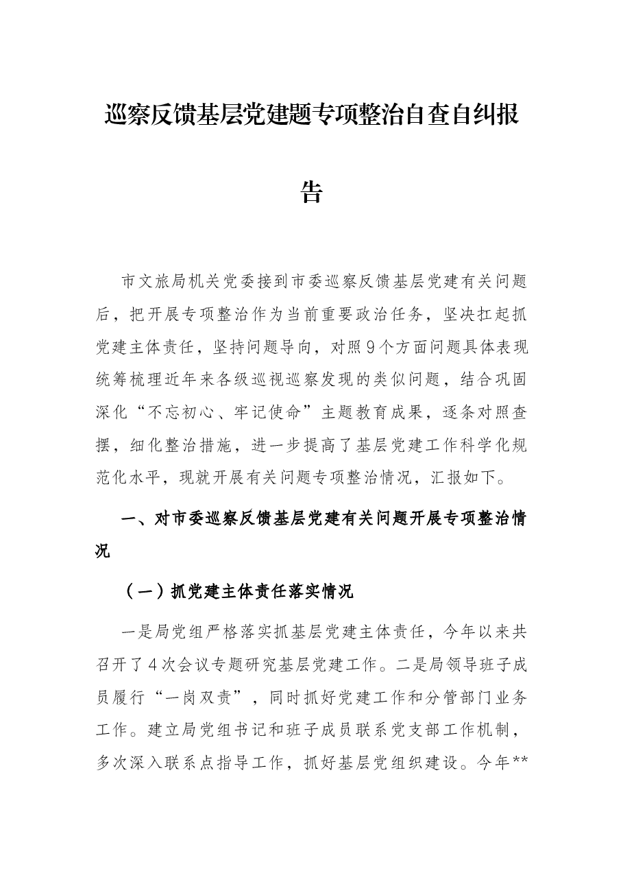 巡察反馈基层党建题专项整治自查自纠报告.docx,第1页预览
