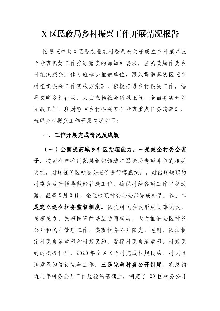 X区民政局乡村振兴工作开展情况报告.docx,第1页预览
