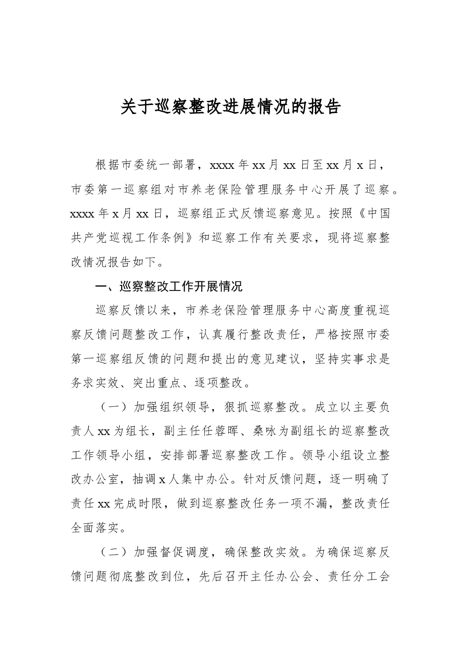关于巡察整改进展情况的报告.docx,第1页预览