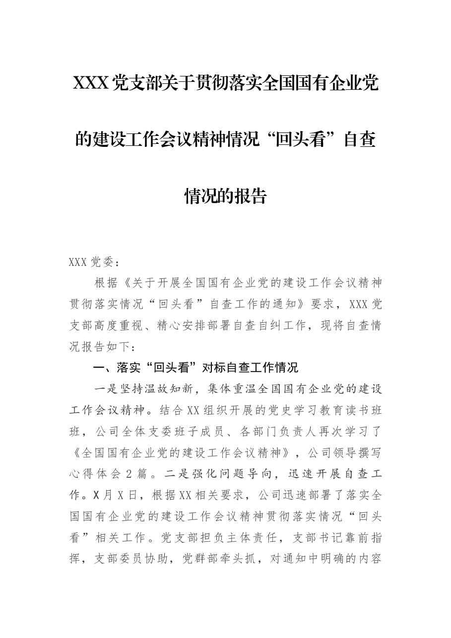 xxx关于贯彻落实全国国有企业党的建设工作会议精神情况“回头看”自查情况的报告.docx,第1页预览