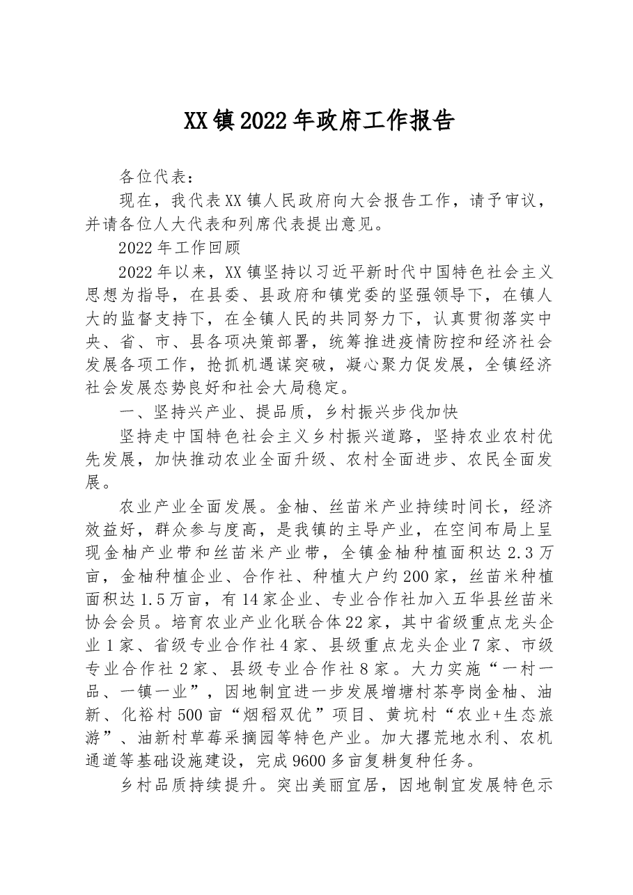 XX镇2022年政府工作报告(1).docx,第1页预览