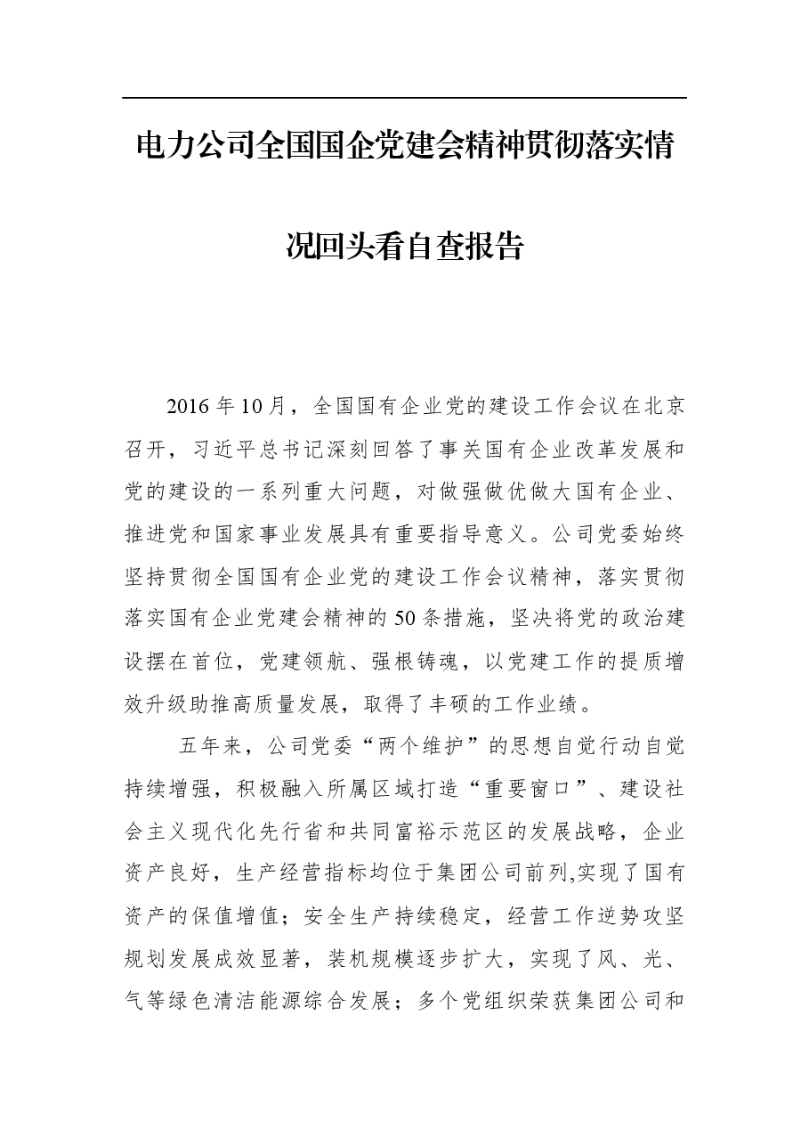 电力公司全国国企党建会精神贯彻落实情况回头看自查报告.docx,第1页预览