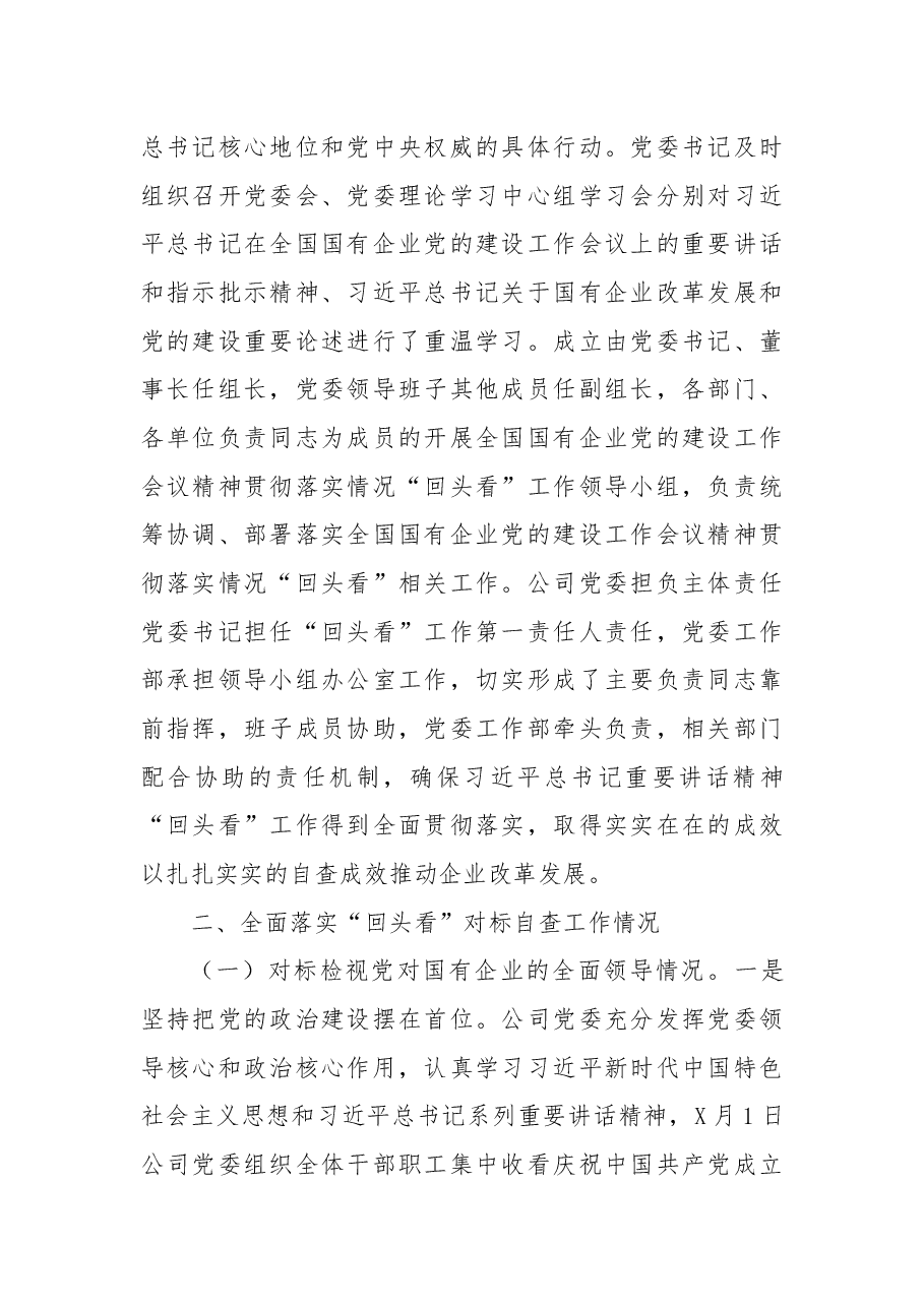 中共XX有限公司委员会关于开展全国国有企业党的建设工作会议精神贯彻落实情况“回头看”的情况报告.docx,第2页预览