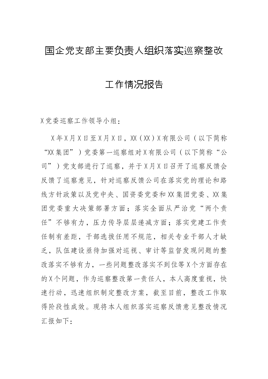 国企党支部主要负责人组织落实巡察整改工作情况报告.docx,第1页预览