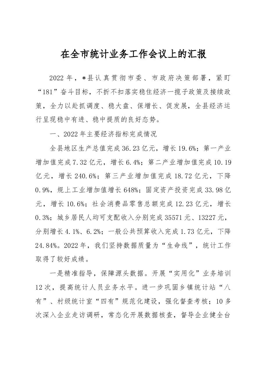 在全市统计业务工作会议上的汇报.docx,第1页预览