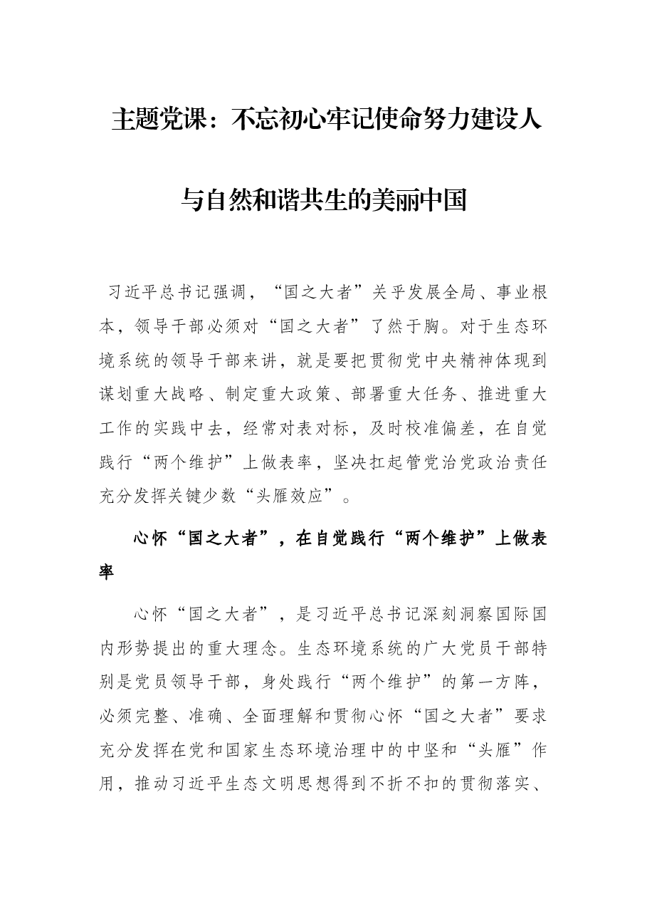 主题党课:不忘初心牢记使命努力建设人与自然和谐共生的美丽中国.docx,第1页预览