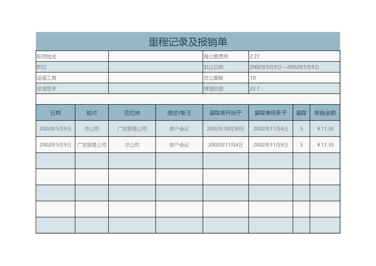 参考工具:里程记录报销单.xls,第1页预览