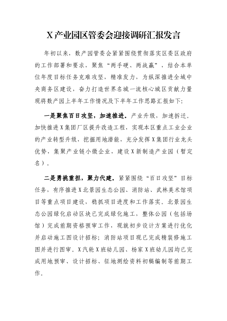X产业园区管委会迎接调研汇报发言.docx,第1页预览