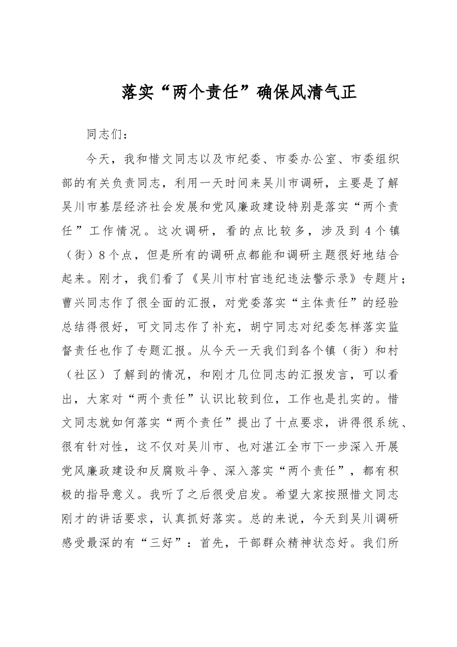 落实“两个责任” 确保风清气正.doc,第1页预览