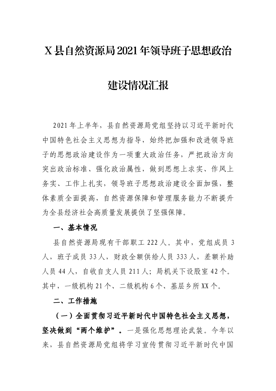 X县自然资源局2021年领导班子思想政治建设情况汇报.docx,第1页预览