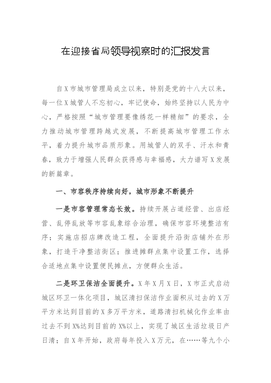 在迎接省局领导视察时的汇报发言.docx,第1页预览