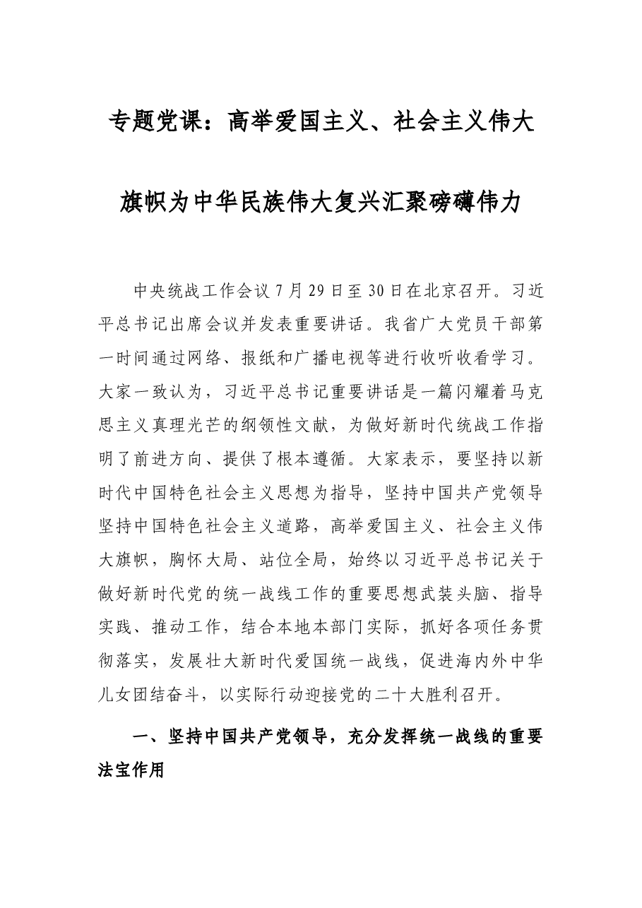 专题党课:高举爱国主义、社会主义伟大旗帜为中华民族伟大复兴汇聚磅礴伟力.docx,第1页预览