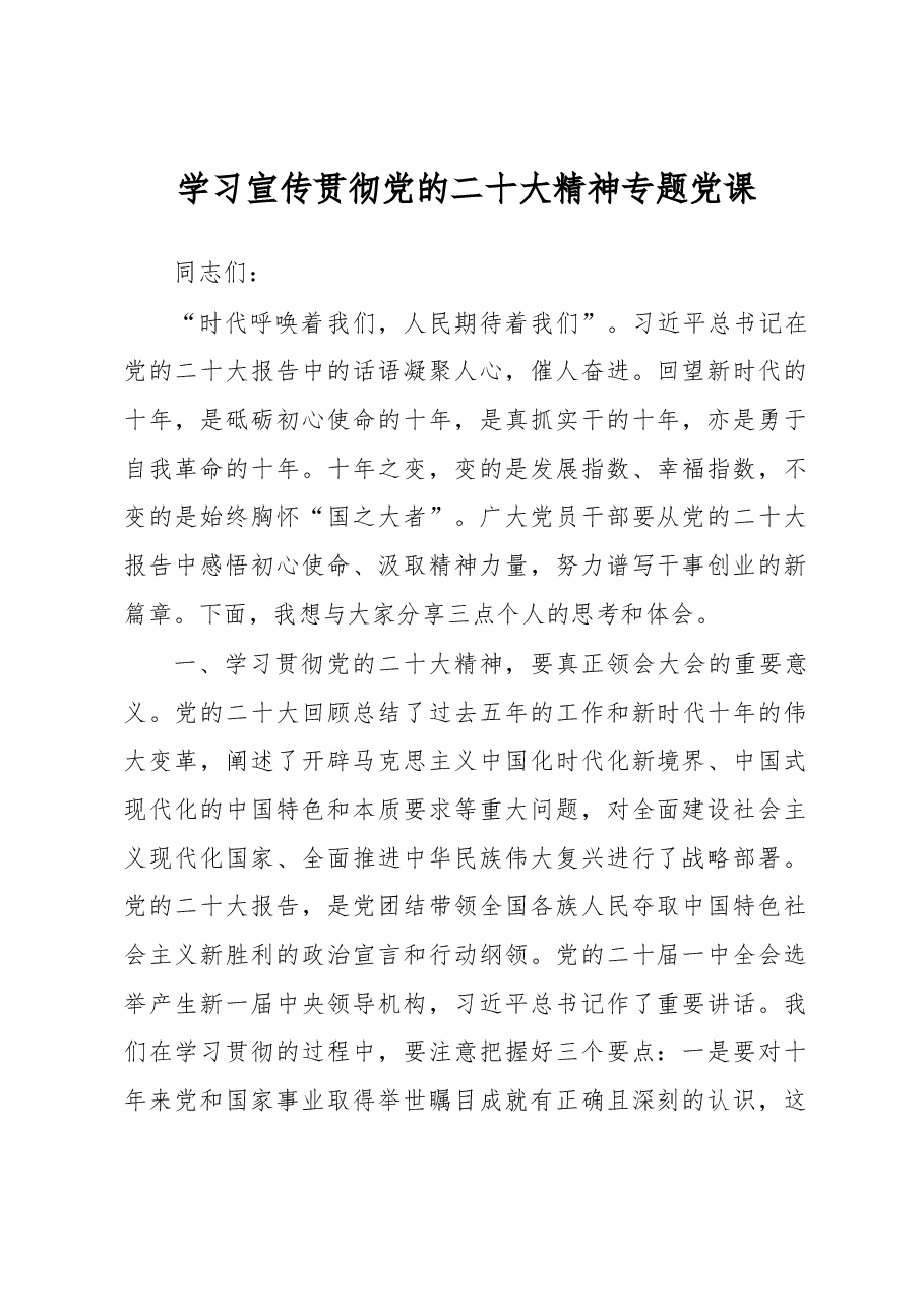 学习宣传贯彻党的二十大精神专题党课.docx,第1页预览