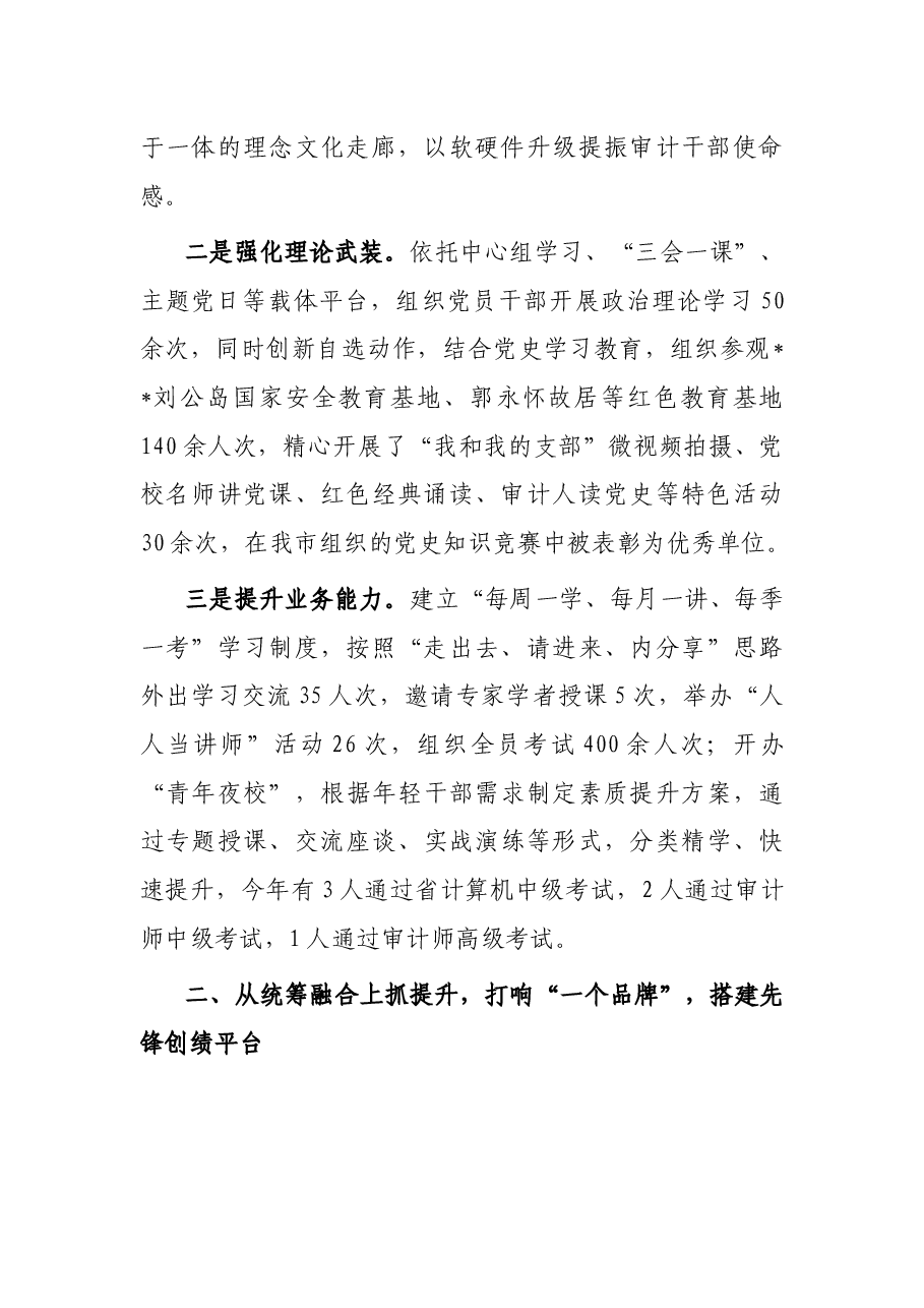 市审计局搭建“三平台” 锤炼高素质专业化审计队伍特色党建交流汇报.docx,第2页预览