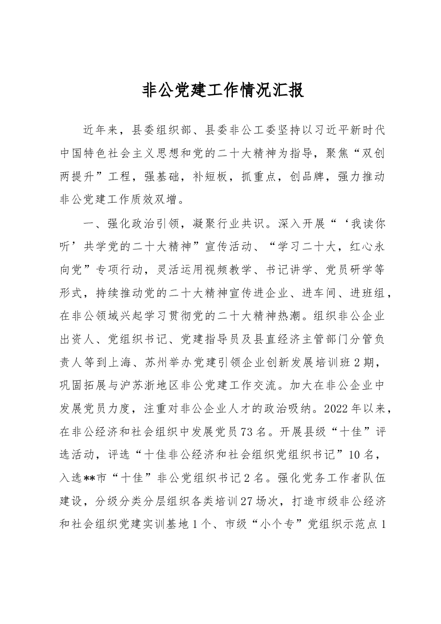 非公党建工作情况汇报.docx,第1页预览