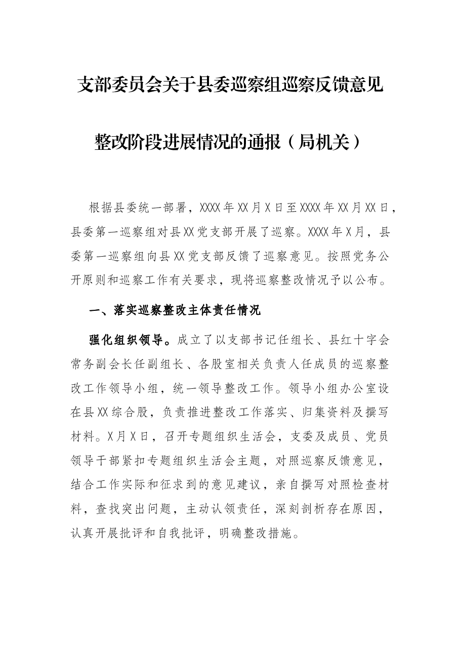 支部委员会关于县委巡察组巡察反馈意见整改阶段进展情况的通报（局机关）.docx，第1页预览