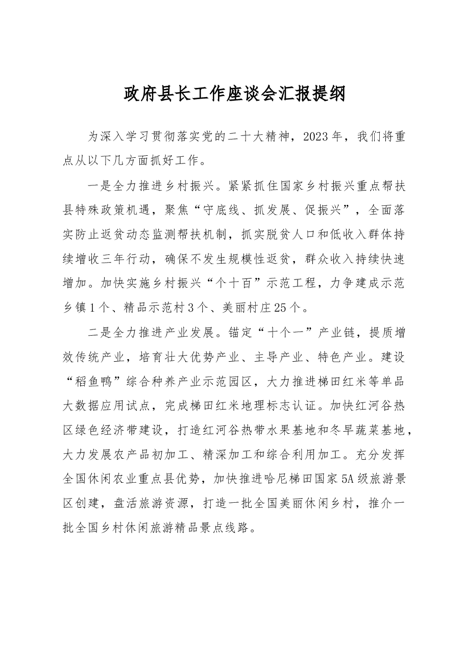 政府县长工作座谈会汇报提纲.docx,第1页预览