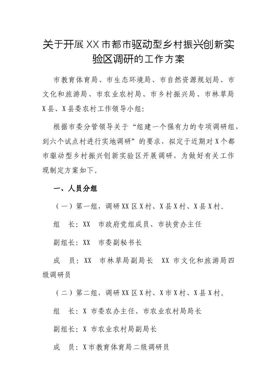 关于开展XX市都市驱动型乡村振兴创新实验区调研的工作方案.docx,第1页预览
